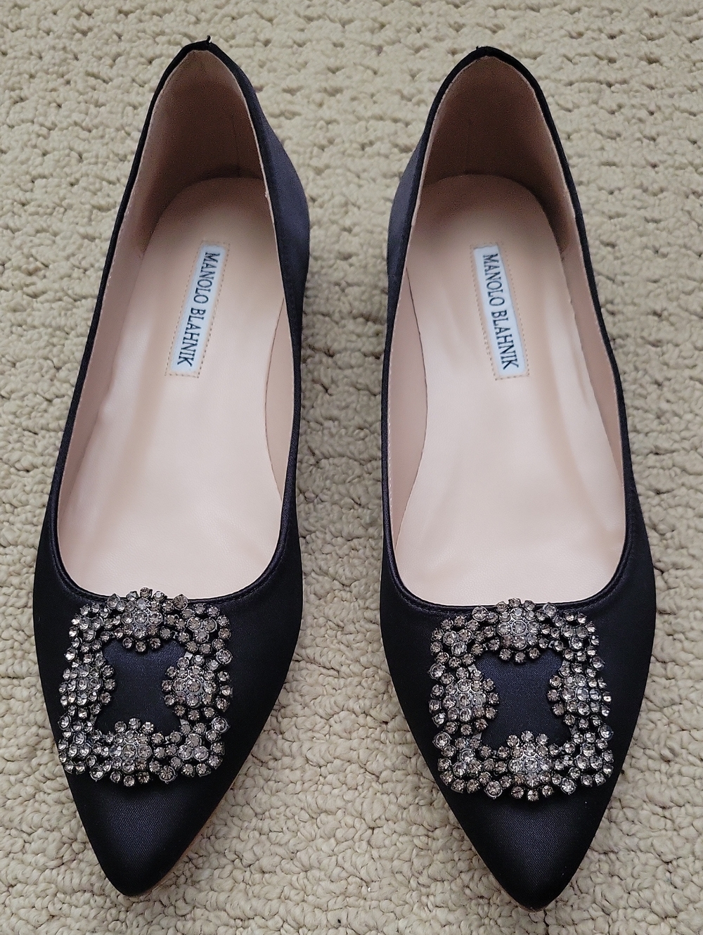 Manolo Blahnik Black Satin Pointed Flats with Crystal Buckle